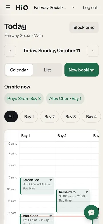 The admin app on a phone: today's bookings across the bays.