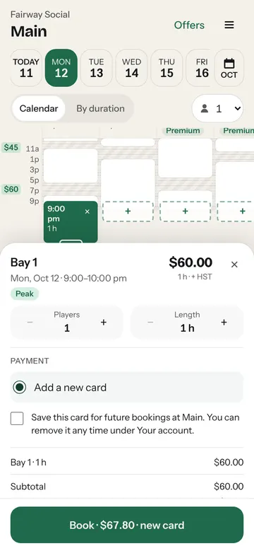 Checkout on a phone: the bay and time, the price with tax, and a Pay button.