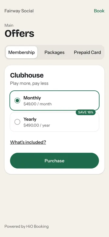 The Offers page on a phone: a membership with monthly and yearly prices and a Purchase button.