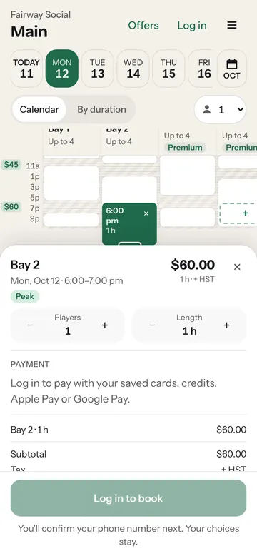 The booking sheet on a phone: Bay 2 picked at 6 pm with the peak price, players and length steppers and a Book button.