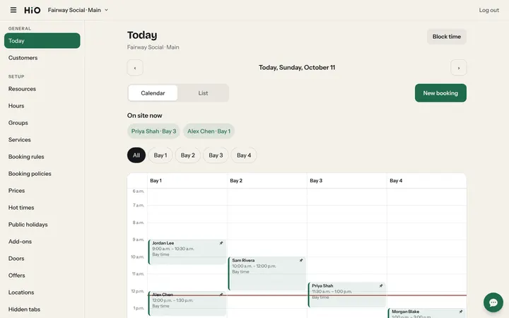 The admin Today screen on a laptop: every bay's bookings for the day in one calendar.